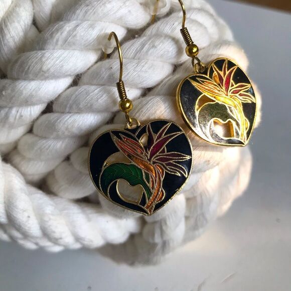 Cloisonné Tropical Flower Heart Shaped Vintage Pierced Earrings - Picture 2 of 14